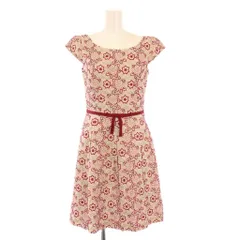 トッカ TOCCA フレアワンピース ひざ丈 半袖 クルーネック 花柄 刺繍 0 ピンク 赤 レッド ベージュ /BB