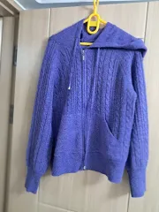 紫ケーブルニット フードジップアップ カーディガン