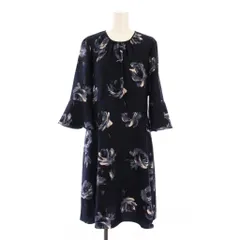 ケイトスペード KATE SPADE フレアワンピース ひざ丈 七分袖 クルーネック 花柄 6 紺 ネイビー /BB