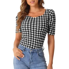 アレグラ ケー レディース トップス Tシャツ ブラウス ALLEGRA K Houndstooth Work Blouse for Womens Puffy Short Sleeve Square Neck Casual Blouses Top Black