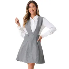 アレグラ ケー レディース トップス ワンピース Vネック A ライン オーバーオール スカート ALLEGRA K Womens Overallsuspenderskirt V Neck ALine Above Knee Pinafore Dress Gra