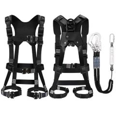 [UTOPKU] 全新標準全身式安全帶 套裝 拆卸簡單 腹部、胸部和腿部一鍵式扣環 方便 安全 水平型腿部安全帶 可伸縮雙掛繩 安全帶 全新標準 墜落制止用器具 高空作業用 日本語說明書 可使用質量 100kg (黑色肩部@