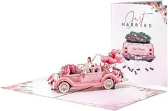 CAWKAY 3Dウェディングカード 結婚式 ブライダルカー 車 新郎新婦 カップル 送り状 立体ポップアップ 折りたたみ お祝い 記念日 (ピンク)
