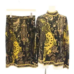 レオナール LEONARD ファッション FASHION セットアップ 上下 カットソー ブラウス ハイネック 長袖 LL スカート ひざ丈 タイト 73 花柄 イージー 絹 シルク 黒 ブラック 黄 イエロー /YT