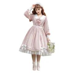 新品 [トクとユウ] ワンピース ロリータ ガールズ 長袖 ウサギ耳 ゴスロリ 蝶結び リポン 洋服 lolita コスプレ かわいい 水色 女装 服 衣装 撮影 甘ロリ 学院風 イベント (ピンク M)