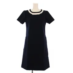 ルネ Rene 23年製 フレアワンピース ひざ丈 半袖 クルーネック ストレッチ リボン 装飾 34 紺 ネイビー /BB