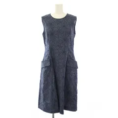 フォクシー FOXEY フレアワンピース ひざ丈 ノースリーブ クルーネック 花柄 刺繍 麻 リネン 40 紺 ネイビー /BB