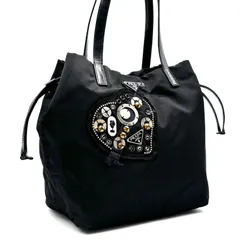 美品 PRADA プラダ ハンドバッグ テスートナイロン ブラック アップリケ ビーズ スタッズ 三角ロゴ 巾着型 手持ち 大容量 軽量 白タグ 希少デザイン 黒 レディース ウィメンズ カジュアル モード 高級