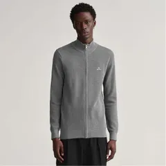 ガント メンズ アウター ニット・セーター コットン カーディガン Gant Cotton Piqu Zipped Cardigan Grey グレーのサムネイル