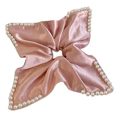 【数量限定】ブラック エレガント ヘアアクセサリー レディース シュシュ 大人用 ベロア 髪飾り (サテン パール装飾 ピンク)
