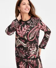 ジェイエムコレクション レディース アウター ニット・セーター トール セーター JM Collection Womens Paisley MetallicThreaded Jacquard Sweater Deep Black Combo ブラック