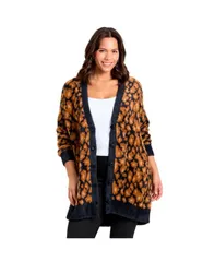 アベニュー レディース アウター ニット・セーター カーディガン AVENUE Womens Button Front Cozy Cardigan Black snow leopard ブラック