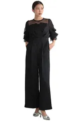 [MORE AUNI] パーティードレス 結婚式 二次会 ドレス パンツスーツ オールインワン レース シースルー 黒 紺 灰色 ベージュ カーキ 20代 30代 40代 春服 夏服 秋服 冬服 オールシーズン 3252 [ブラック / 325282] [S]