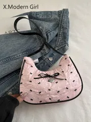 バッグ レディース ショルダーバッグ 折りたたみ式PUレザークラッチショルダーバッグ、メタルリボン装飾、日常外出とカジュアルデートに適し、かわいくエレガントなスモールバッグスタイル、三日月型レディースバッグ