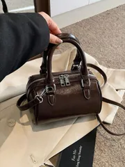 バッグ レディース ハンドルバッグ ミニ ビンテージ 無地 オイルレザー ボウリングバッグ、手持ち＆ショルダー