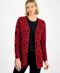 ジェイエムコレクション レディース アウター ニット・セーター Vネック プチ カーディガン JM Collection Petite Painted Foliage VNeck Cardigan Sweater Canyon Red Combo レッド