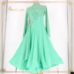 社交ダンス 衣装 スタンダード ドレス ワンピース レッスンウェア パーティドレス レディース prima boutique グリーン系 緑 長袖 ミントグリーン きらきら ラメ風 ストーン風 二重スカート フレアスカート ボリュームスカート 長袖ワンピース