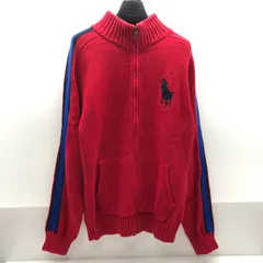 Polo By Ralph Lauren ポロバイラルフローレン フルジップニットセーター 赤 ネイビーライン 刺繍 綿100％ XL SGKY26-1030