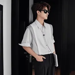 メンズ 半袖シャツ カラーブロックデザイン ルーズフィット トレンド カジュアル スタイリッシュ 夏用トップス