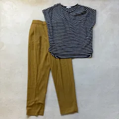 【2点セット】【レディースMサイズ】GLOBAL WORK グローバルワーク 半袖ボーダーカットソー Tシャツ テーパードパンツ アースカラー シンプル カジュアル 春物 夏物 秋色