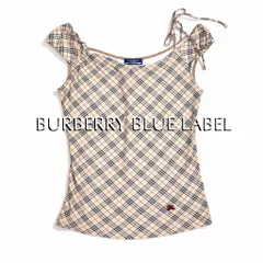 cW100 BURBERRY BLUE LABEL 総柄 ノバチェック 変形 キャミソール 紐リボン カットソー ノースリーブ オフショルダー ベージュ ホース刺繍 Y2K 平成 ギャル バーバリーブルーレーベル