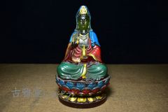 From an old family collection: Lapis Lazuli, painted and carved Kannon Bodhisattva statue with lotus pedestal, Buddhist statue, memorial item, antique art, collector's item.