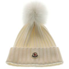 美品】モンクレール ニット帽 カシミア混ウール ベージュ/ピンク 5Q28