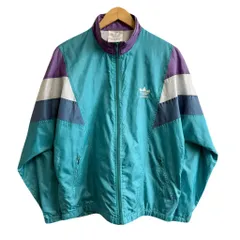 〜90's adidas アディダス トレフォイル 刺繍 ナイロンジャケット ターコイズブルー×パープル×シルバー×ネイビー Sサイズ No.P170