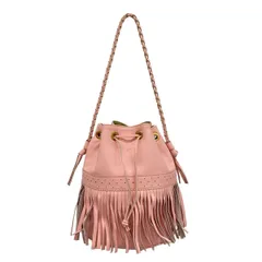 J&MDavidson(ジェイ&エムデヴィッドソン) ショルダーバッグ - ピンク フリンジ/巾着型 レザー