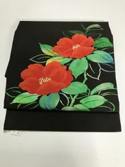 【中古】名古屋帯 交織 黒地に枝花文様