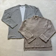 【2点セット】【レディースMサイズ】GLOBAL WORK グローバルワーク フロントオープンカーディガン ハイネックリブニットトップス パイピング スリット バックロング ロールアップ カジュアル ガーリー マニッシュ 春物 秋物