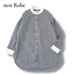 ネストローブ nest Robe リネン コットン クレリック シャツ ブラウス ブルー ストライプ フリーサイズ 日本製 麻混 春夏 ナチュラル レディース 美品 6M066のサムネイル
