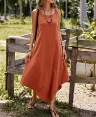 【オレンジレッド】ロングワンピース ワンピース 夏 レディース ノースリーブ Aライン 無地 ゆったり 体型カバー 涼しい ナチュラル 大人カジュアル