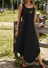 【ブラック】ロングワンピース ワンピース 夏 レディース ノースリーブ Aライン 無地 ゆったり 体型カバー 涼しい ナチュラル 大人カジュアル