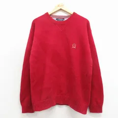 L/古着 トミーヒルフィガー 長袖 ブランド セーター メンズ 90年代 90s ワンポイントロゴ コットン クルーネック 赤 26feb27