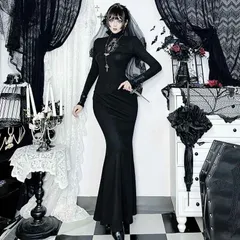 シースルークロスデザイン 長袖 マーメイドワンピース 秋新作 ダーク系 ゴシック風 セクシー タイトフィット 美シルエット 透け感 上品 大人女性向け 暗黒テイスト モード系 アンダーグラウンドファッション 着回し自在 イベント パーティー ハロウィン ドレス