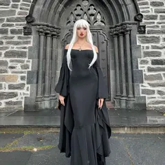 オフショルダー ロング ワンピース ハロウィン新作 ダークゴシック 暗黒系 宴会 パーティー 吸血鬼イメージ 大人セクシー エレガント 黒 ブラック 長丈 ドレス レディース
