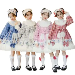 キッズ ロリータ ワンピース 長袖 プリンセスドレス 春夏 女の子 子供用 Lolita 洋装 フルセット フリル レース 甘ロリ お姫様風 発表会 衣装 舞台 演出 コスチューム ロング丈 ドレス 子ども服 可愛い