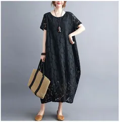 レースワンピース 半袖ワンピース 夏 きれいめ ロングワンピース ゆったり 夏ワンピース 着痩せ 気質 丸首 40代50代 コーデ 大人 エレガント カジュアル　1533