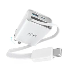 65W 急速充電器 Type-C 巻き取り式 【95CMコード内蔵】 折りたたみプラグ【PSE技術基準適合/GaN採用】 PD 充電器 3ポートケーブルー体型 PD/QC3.0/PPS規格対応 Macbook/iPhone/iPad/Android/Swit@