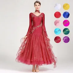 10色 レディース 社交ダンス衣装 モダンドレス レースワンピース ビジュー ラインストーン オフショルダー キャミソール 長袖 パステルカラー 上品 華やか キレイ ゴージャス 豪華 高級 大会 競技用 ワルツ ラテンダンス シフォンドレス 大きい裾