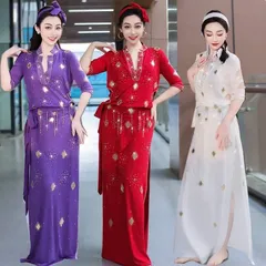 ベリーダンス 衣装 4点セット 大人 オリエンタル エジプト サイディ バラディ パフォーマンス 民俗 ダンス衣装 ロング ワンピース ベルト ヘアバンド インナーパンツ ヒップスカーフ 練習着 レッスン着 きらきら