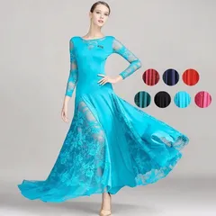 レディース 社交ダンス衣装 モダンドレス レースワンピース キャミソール 長袖 グリーン 上品 華やか キレイ ゴージャス 豪華 高級 大会 競技用 ワルツ ラテンダンス レースドレス 大きい裾 赤 黒 緑 ネイビー ピンク ワインレッド