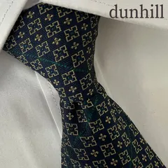 《美品》dunhill (ダンヒル) シルクネクタイ イタリア製 総柄 小紋 幾何学模様 ネイビー グリーン ゴールド