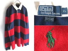 希少 90sビンテージ Polo by Ralph Lauren ラルフローレン ポロポニーロゴ刺繍 ボーダー ロングスリーブ ラガーシャツ 長袖ポロシャツ XL レッド ネイビー 赤 紺