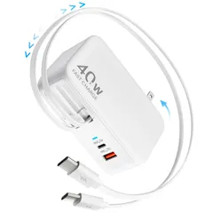 【在庫セール】充電 USB-C 折りたたみ式プラグ デュアルUSBポート 最大90cm Type 巻き取り式充電器 Cケーブル2本付き 40W高速充電 PSE認証済み コンパクト 4in1 省スペース マルチ充電器 i-Phone 17/16/15/14/13