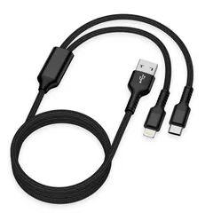 【在庫セール】2イン1 USB-A 2.4A&3A ライトニングケーブル マルチ充電コード 急速充電 2台同時給電可能 高耐久ナイロン編み 1.2M 断線防止 Lightning+USB-C iPhone 17/16/15/14/13/12/SE/Redmi1