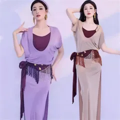 ベリーダンス 衣装 5点セット 大人 オリエンタル エジプト サイディ バラディ パフォーマンス 民俗 ダンス衣装 ロング ワンピース ベルト ヘアバンド インナーパンツ ヒップスカーフ 練習着 レッスン着 きらきら