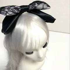 上品な漆黒。ブラックガラスビーズ×レースのビッグリボン ヘッドドレス ゴシック