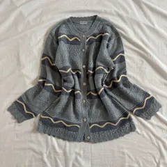 vintage ロングカーディガン 透かし編みニット くすみブルー ナチュラル